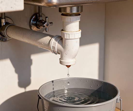Plumbing pipes leaking under a kitchen sink