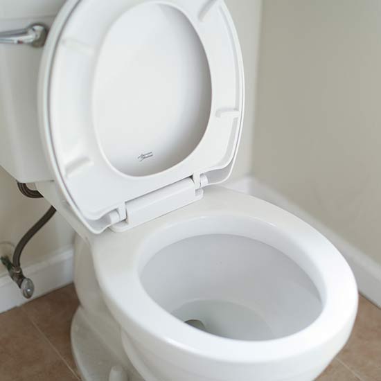 Open toilet in restroom with the seat up