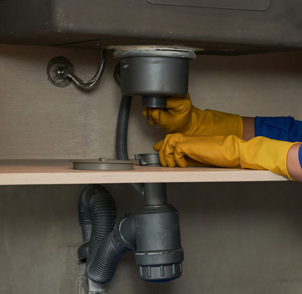 Plumber fixing a kitchen garbage disposal