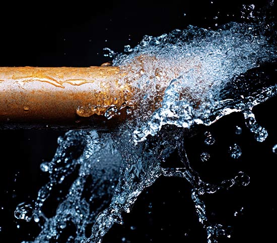 Burst water pipe photographed in slow motion