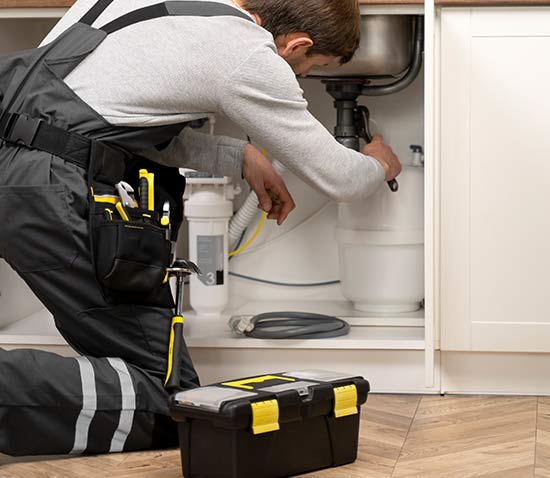Experienced plumber fixing sink