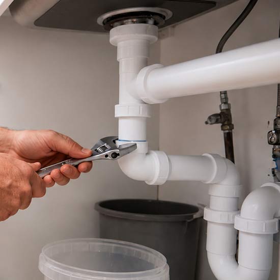 Plumber using wrench to work on pipes under a sink
